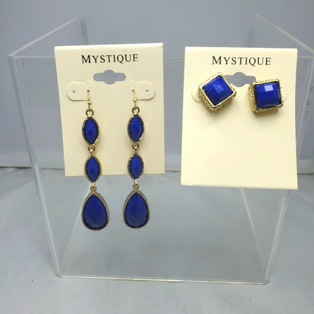 2 pairs Mystique blue sapphire dangle, and button with rhinestone earrings